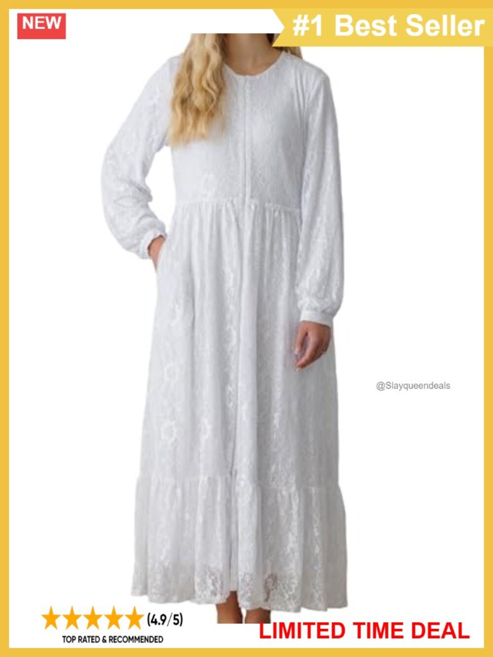 Front Zip Temple Dress with Floral Lace & Side Pockets Full Length High Waist